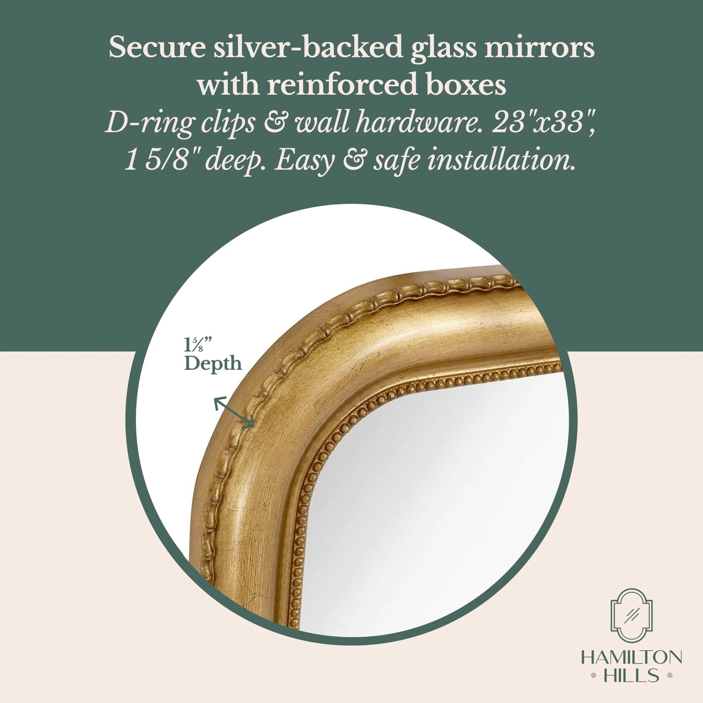 Hamilton Hills 36" x 24" Classic Gold Framed Polished Glass Top Round Corner Mirror - Thick Arched Top Rich Wall Mirror - Vanity for Bathroom Decor, Bedroom, Living Room - Hangs Horizontal or Vertica