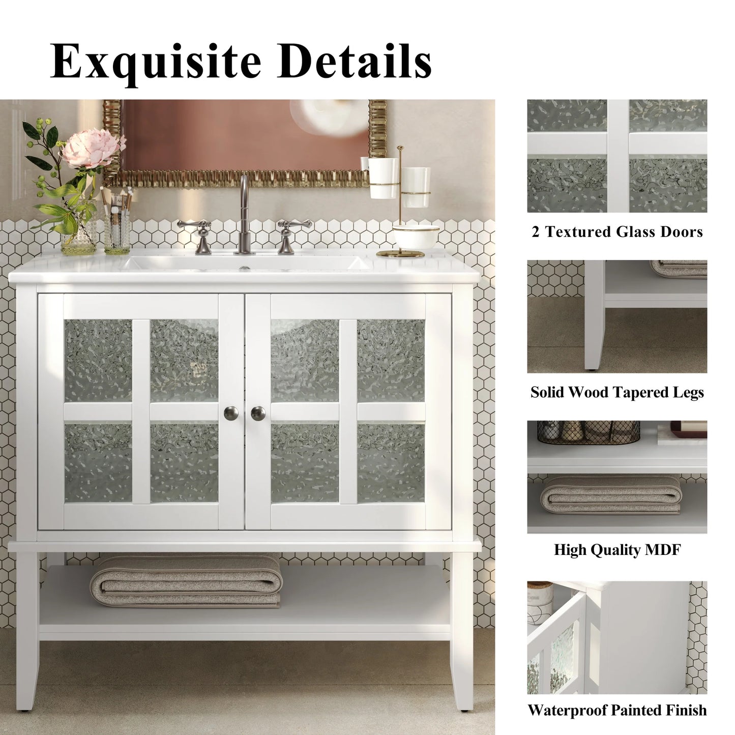 Christopher Knight Home 36" Bathroom Vanity with Sink, Textured Glass Doors, Open Shelf, White