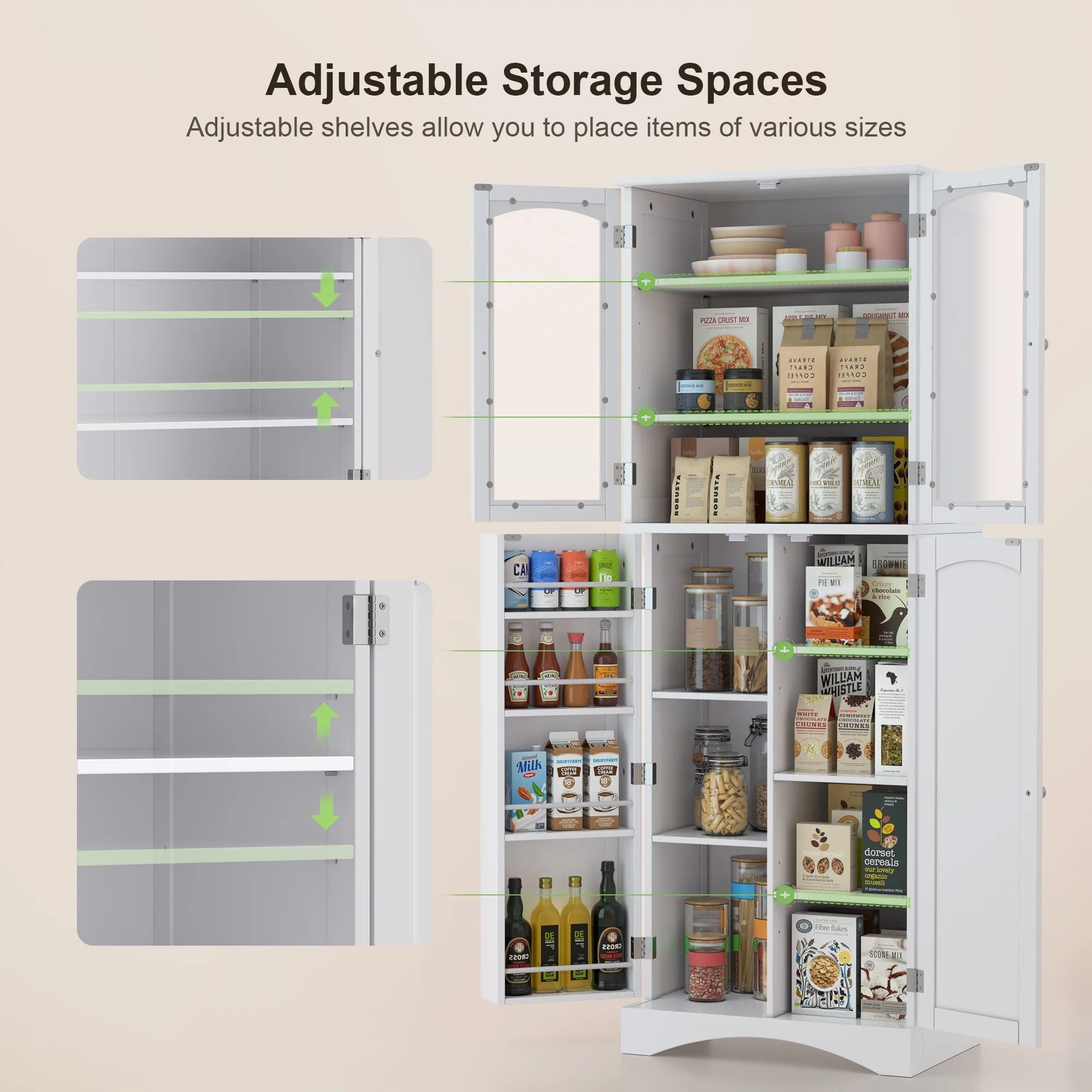 Pantry Cabinet, Lofka 64" Kitchen Pantry Storage Cabinet with Frosted Glass Doors and 14 Shelves, White
