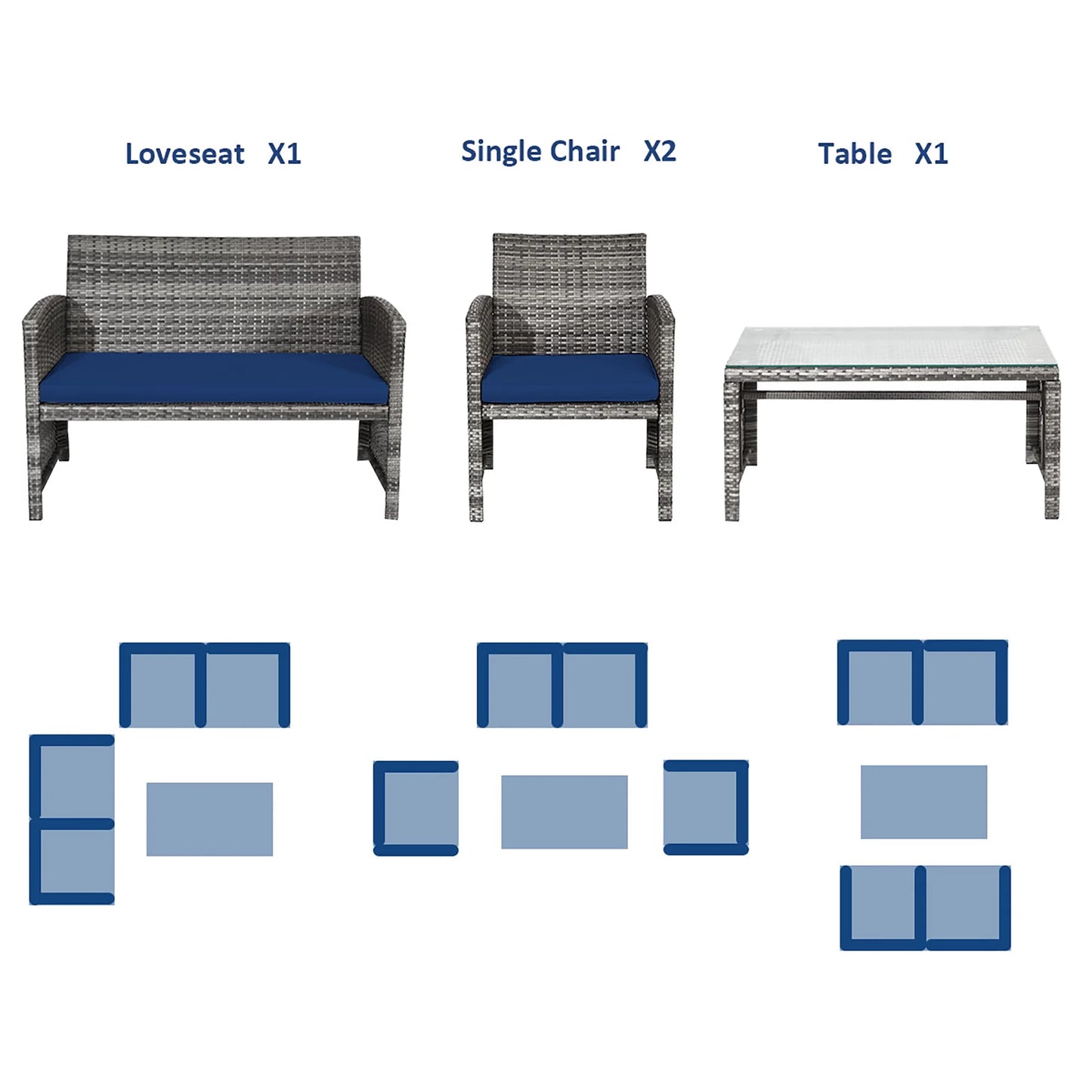 Costway 8PCS Patio Rattan Furniture Set Conversation Glass Table Top Sofa Cushioned Navy