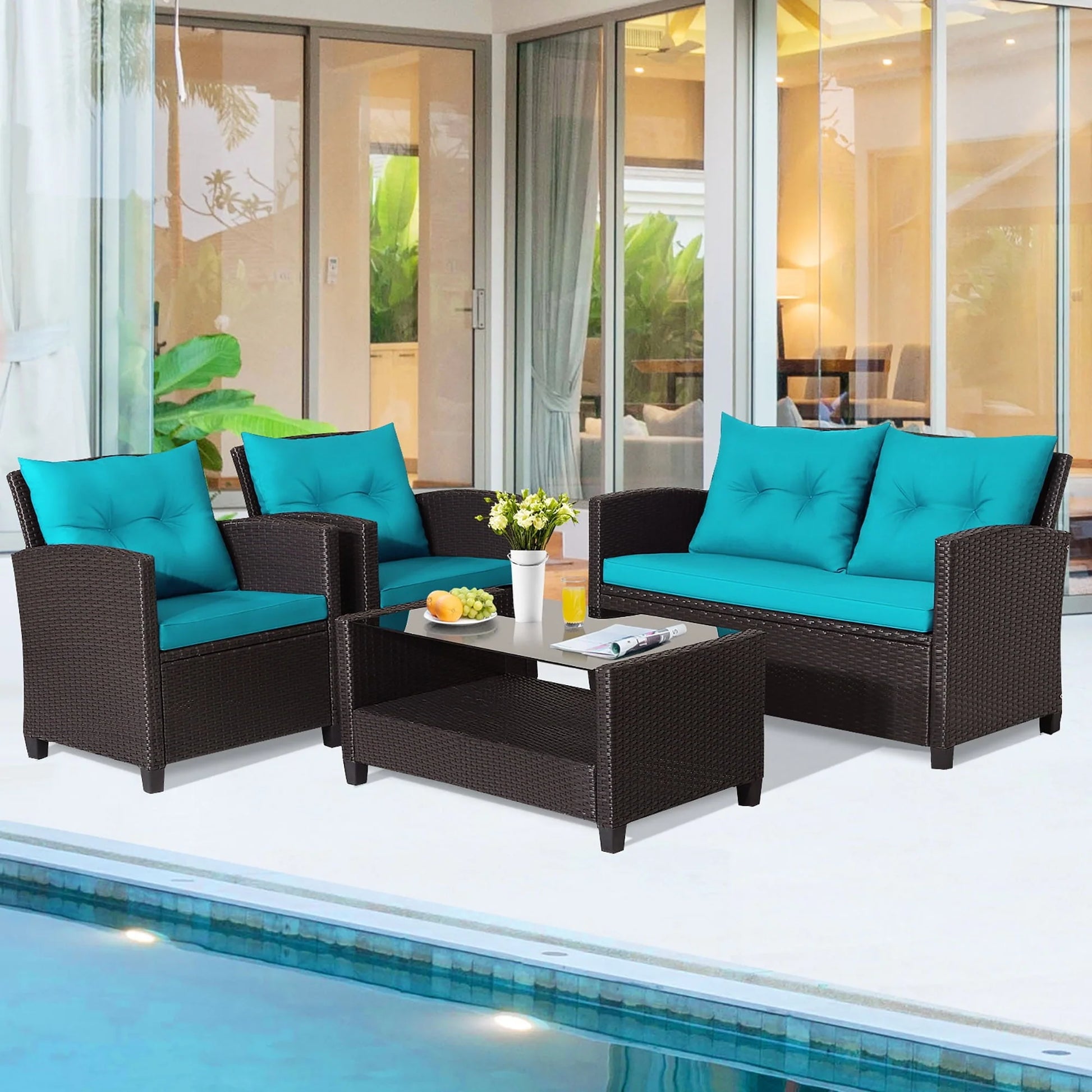 Gymax 4PCS Outdoor Conversation Set Patio PE Rattan Set w/Glass Table & Sofa Cushions Turquoise