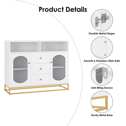 Homfa 47.2'' Sideboard Storage Cabinet, 3 Drawers Buffet Cabinet with Glass Doors for Kitchen Dining Room, White