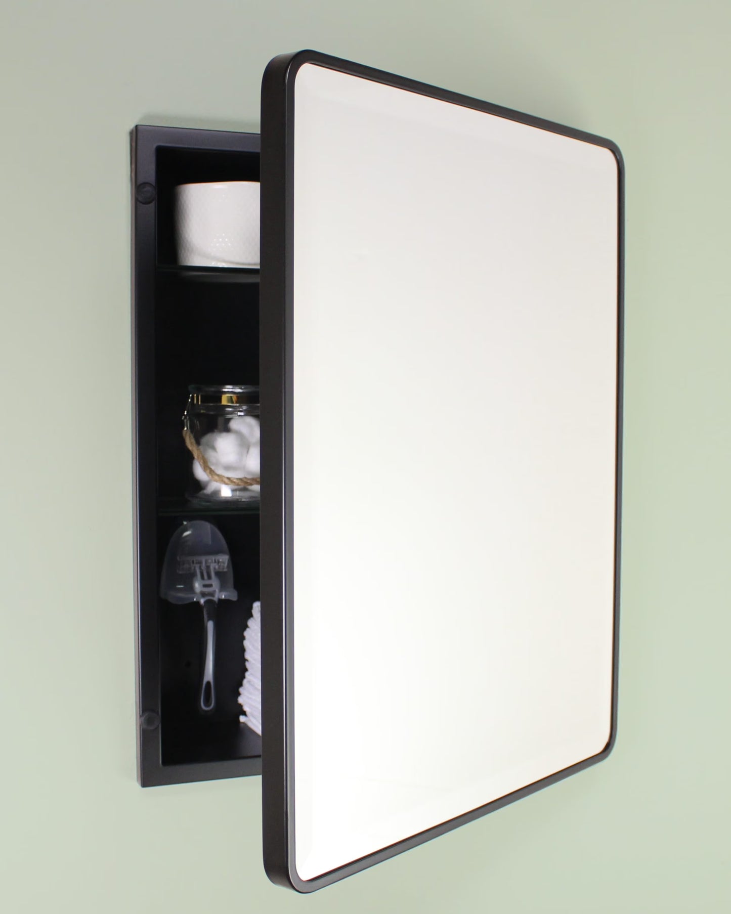 16x20 Austin Farmhouse Metal Framed Rounded Rectangle Recessed Bathroom Medicine Cabinet, Beveled Mirror, 14x18 in-Wall Opening, Powder-coated Steel, Adjustable Glass Shelves, Magnet Close, Black