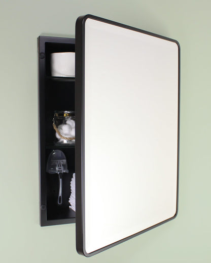 16x20 Austin Farmhouse Metal Framed Rounded Rectangle Recessed Bathroom Medicine Cabinet, Beveled Mirror, 14x18 in-Wall Opening, Powder-coated Steel, Adjustable Glass Shelves, Magnet Close, Black