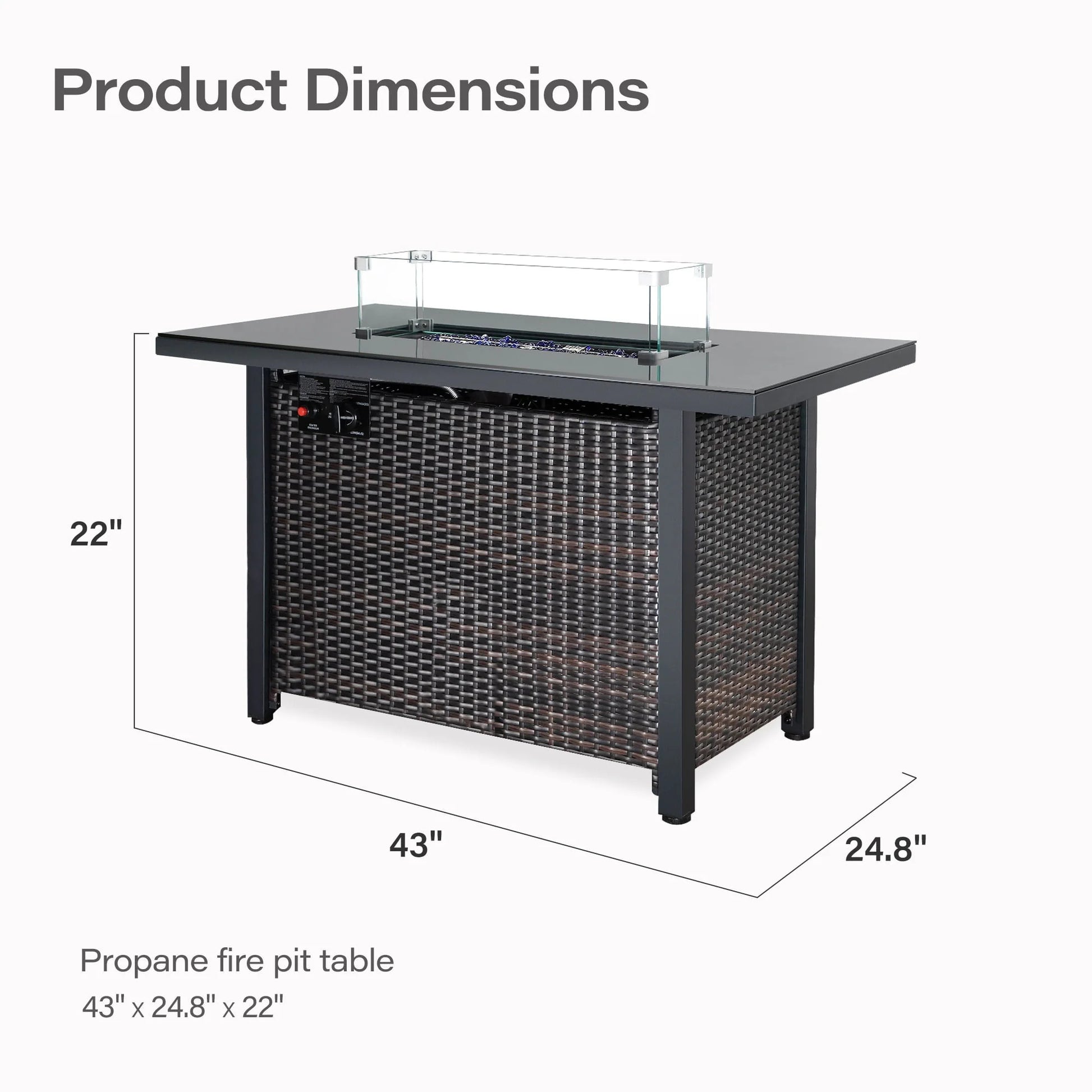 LAUSAINT HOME 43" Outdoor Fire Pit Table, 50,000 BTU Auto-Ignition Gas Fire Pit with Glass Wind Guard Propane(Rattan)