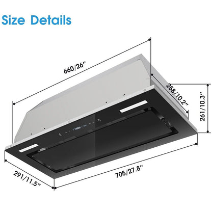 30 inch Built-in Insert Range Hood 900CFM Tempered Glass Kitchen Vent Hood