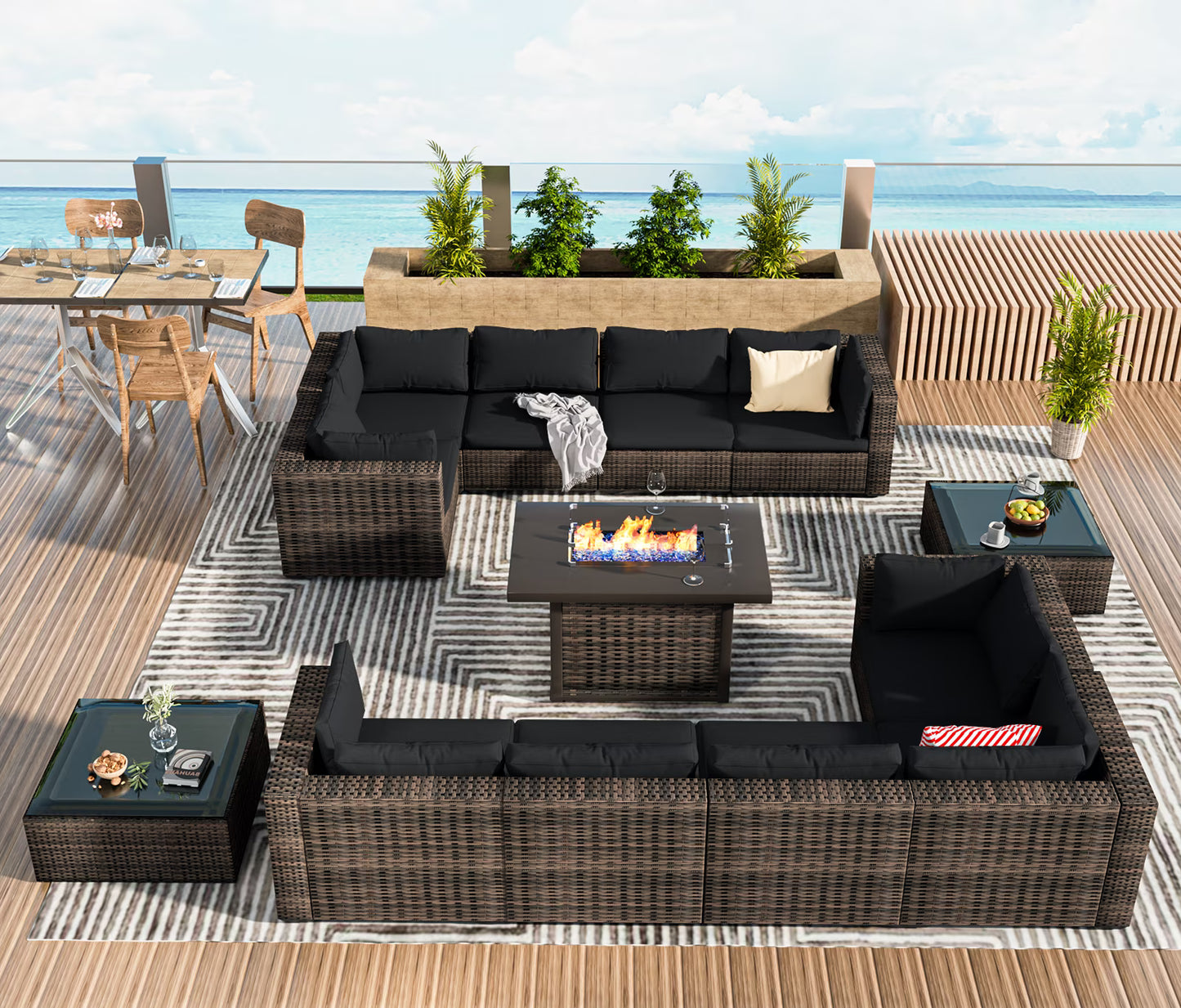 TANGJEAMER 13 Pieces All-Weather PE Rattan Sectional Sofa with Cushions,Glass Table and Fire Pit Table for Party and Family Gathering(Grey cushions)