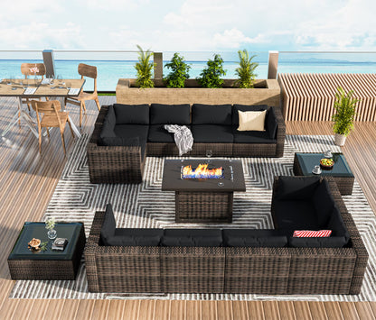 TANGJEAMER 13 Pieces All-Weather PE Rattan Sectional Sofa with Cushions,Glass Table and Fire Pit Table for Party and Family Gathering(Grey cushions)