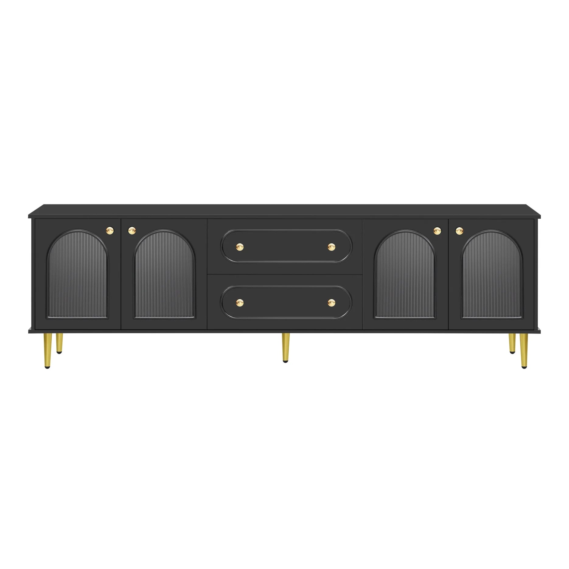 TV Stand for 80 inch TV, Entertainment Center with 2 Drawers and 2 Cabinets, Low Profile TV Consoles with Fluted Glass Doors and 5 Metal Legs for Living Room, Black