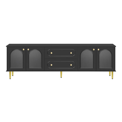 TV Stand for 80 inch TV, Entertainment Center with 2 Drawers and 2 Cabinets, Low Profile TV Consoles with Fluted Glass Doors and 5 Metal Legs for Living Room, Black
