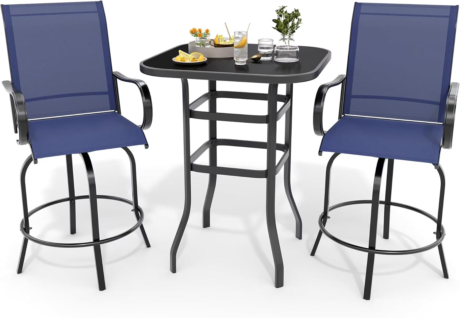 Homhougo 3 Piece Patio Swivel Bar Sets, 3PCS Outdoor High Top Bar Set with 2 Outdoor Swivel Chairs and Glass Bar Table, Patio High Top Bar Table and Stools Chairs Set All Weather Textile Fabric