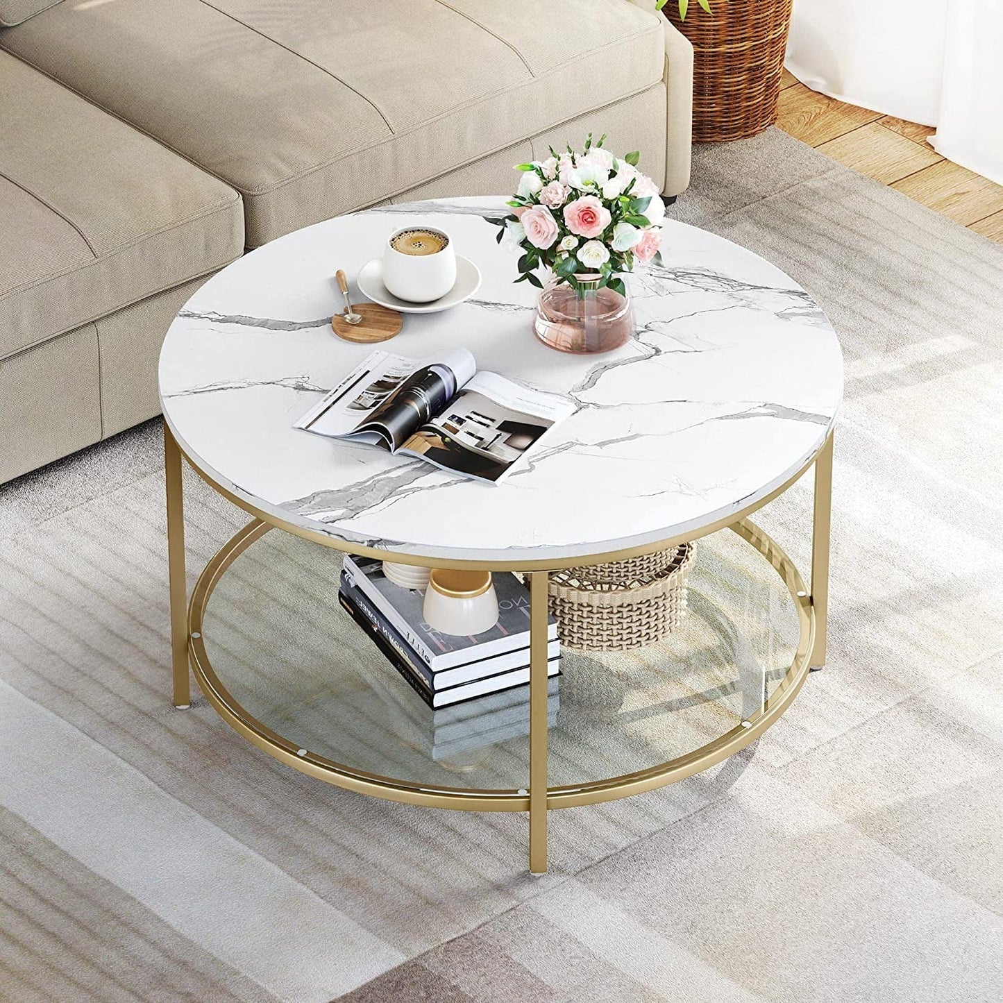DEXTRUS 2-Tier Round Coffee Table Marble Center Cocktail Table with Glass Open Storage Shelf, White & Gold