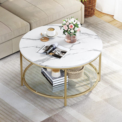 DEXTRUS 2-Tier Round Coffee Table Marble Center Cocktail Table with Glass Open Storage Shelf, White & Gold