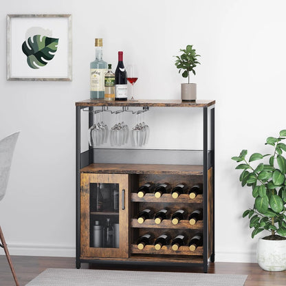 Homhougo Wine Bar Cabinet with Removable Wine Racks and 1 Drawer,Bar Cabinet with Glass Holder and Mesh Door for Liquor and Glasses (Grey)