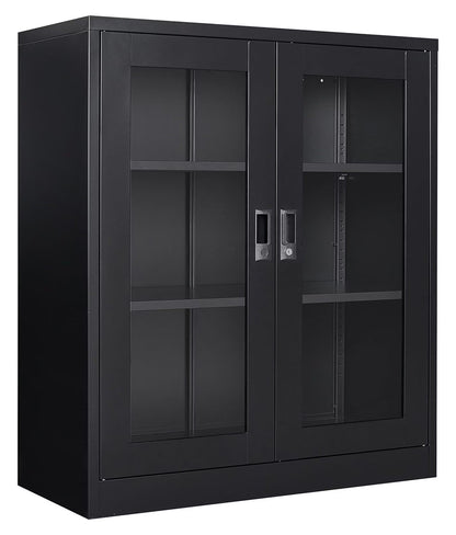 Drevy Metal Storage Cabinet with Doors and Shelves,Glass Cabinet Display Cabinet with Glass Doors,Office Cabinet with Storage Shelves and Double Doors, for Garage and Utility Room, Home Office