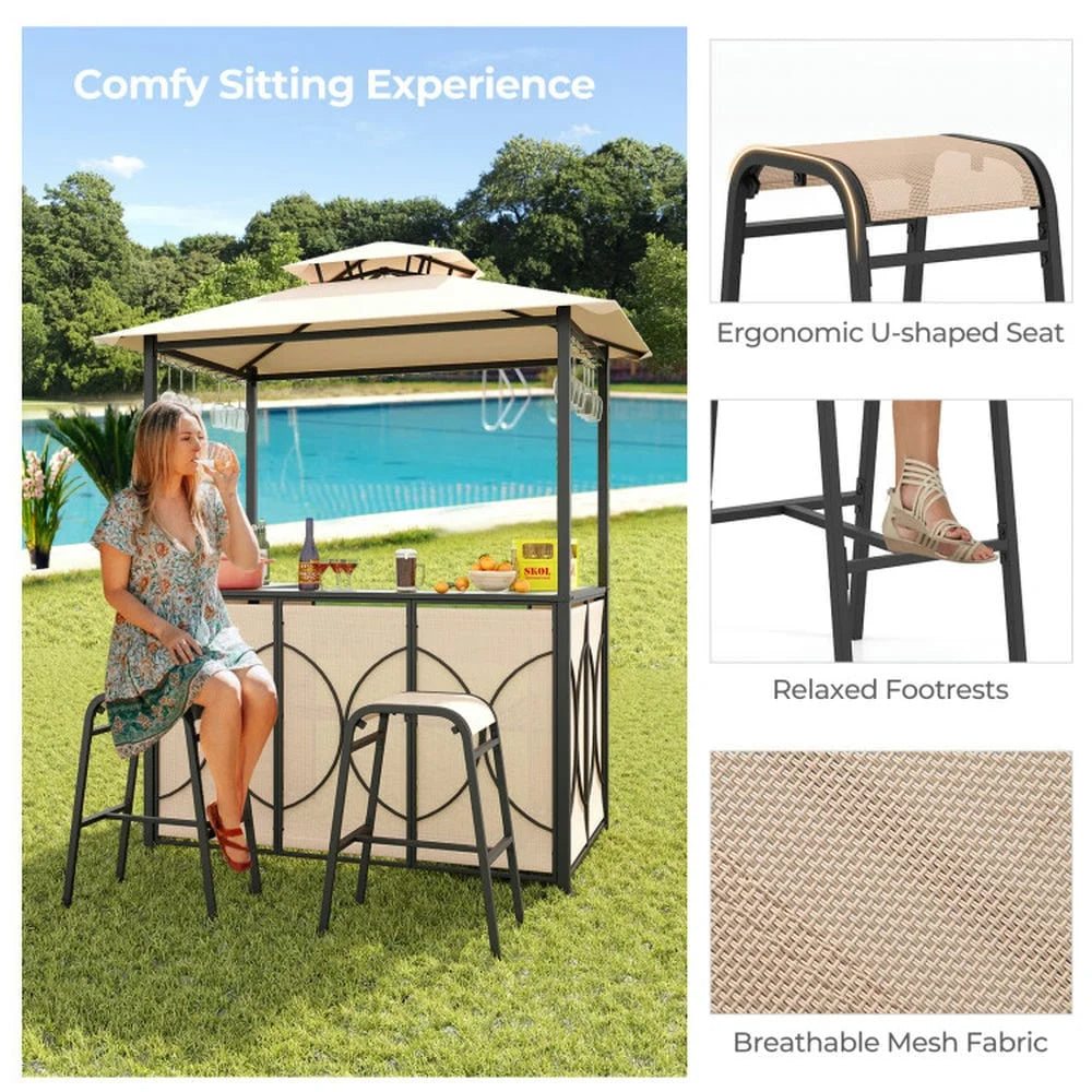 Aimee Lii 3-Piece Patio Bar Set Grill Patio Canopy & 2 Bar Stools with Tempered Glass Bar Table, Modern Patio Furniture for Outdoor Backyard Pool Deck-Brown
