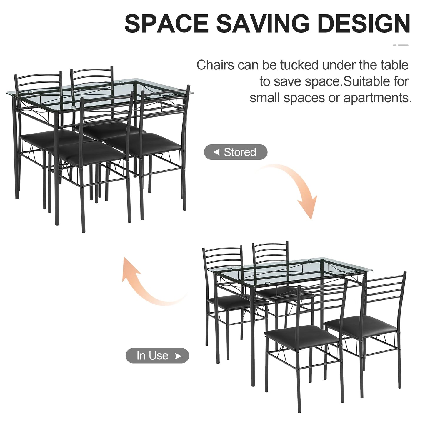 VECELO 5-Piece Dining Set Tempered Glass Top Table with 4 Upholstered Chairs for Home, Kitchen, Living Room, Black