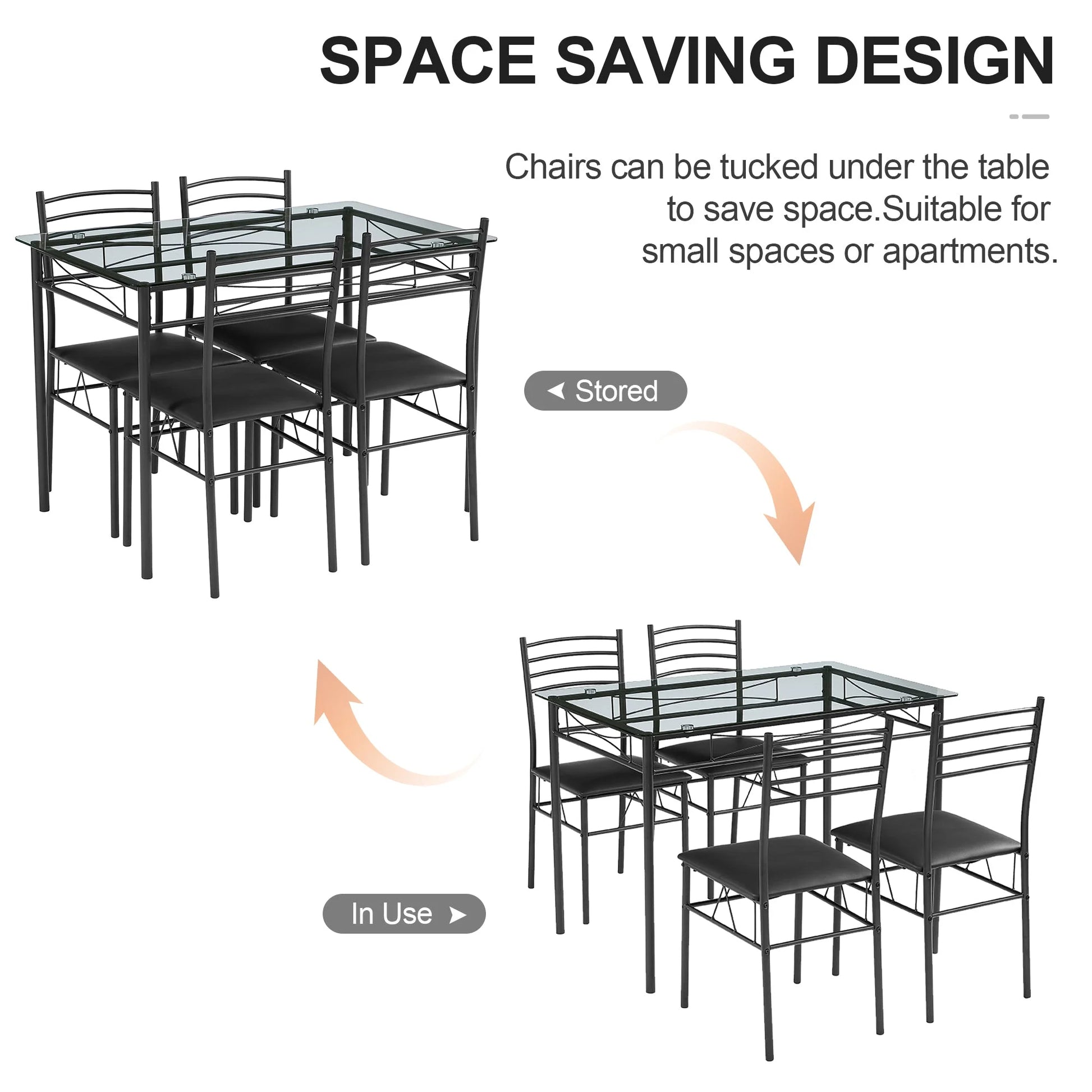 VECELO 5-Piece Dining Set Tempered Glass Top Table with 4 Upholstered Chairs for Home, Kitchen, Living Room, Black