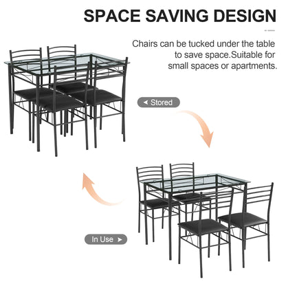 VECELO 5-Piece Dining Set Tempered Glass Top Table with 4 Upholstered Chairs for Home, Kitchen, Living Room, Black