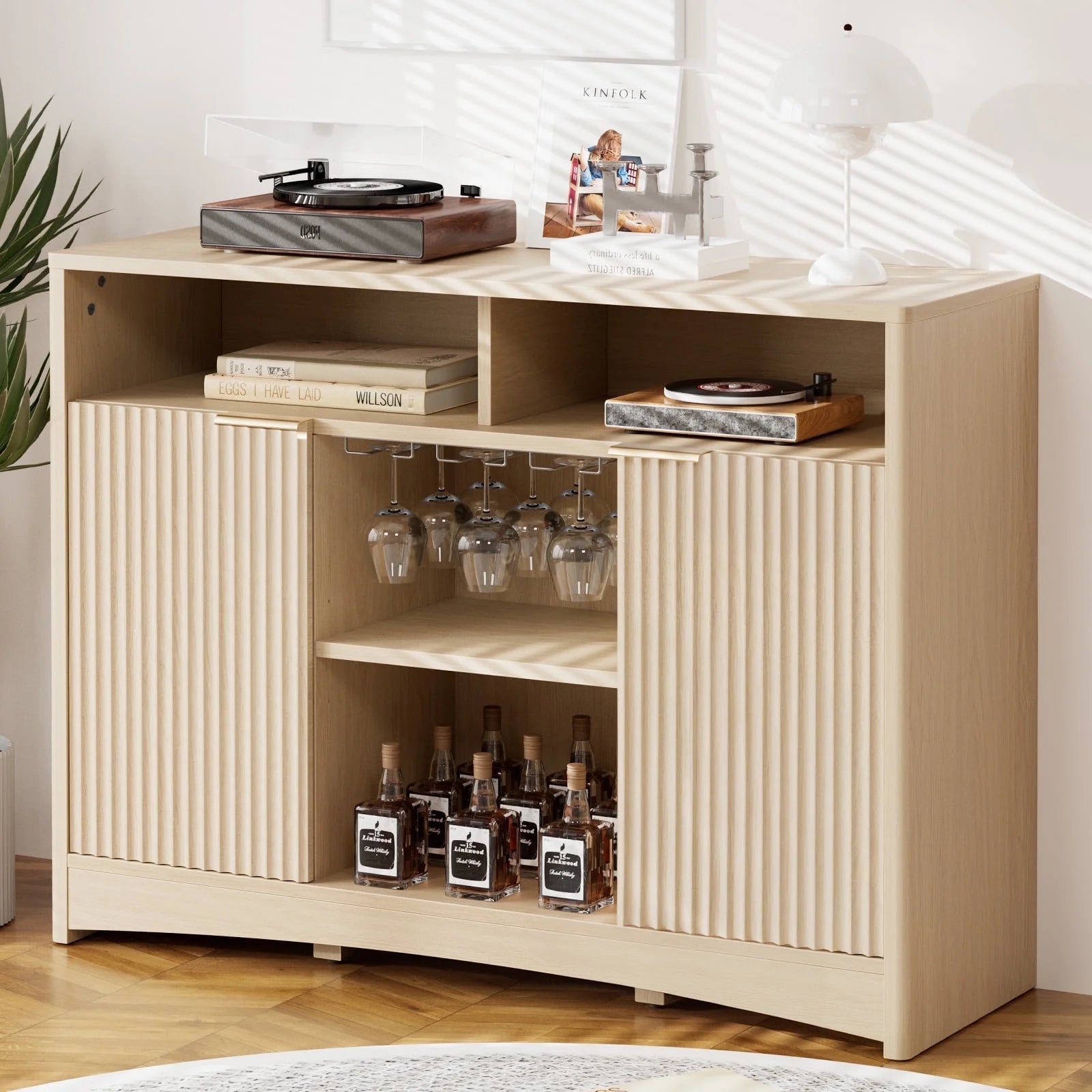 CHITOOMA Fluted Coffee Bar Cabinet with Wine Glass Rack, Modern Buffet Sideboard with Adjustable Storage Shelves and Doors, Liquor Bar Table for Dining Room or Living Room, Natural