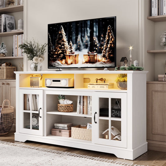 LINSY HOME Modern Glass TV Stand for TVs up to 65", LED Lights Home Entertainment Center with 2 Storage Cabinets and Adjustable Shelves, White