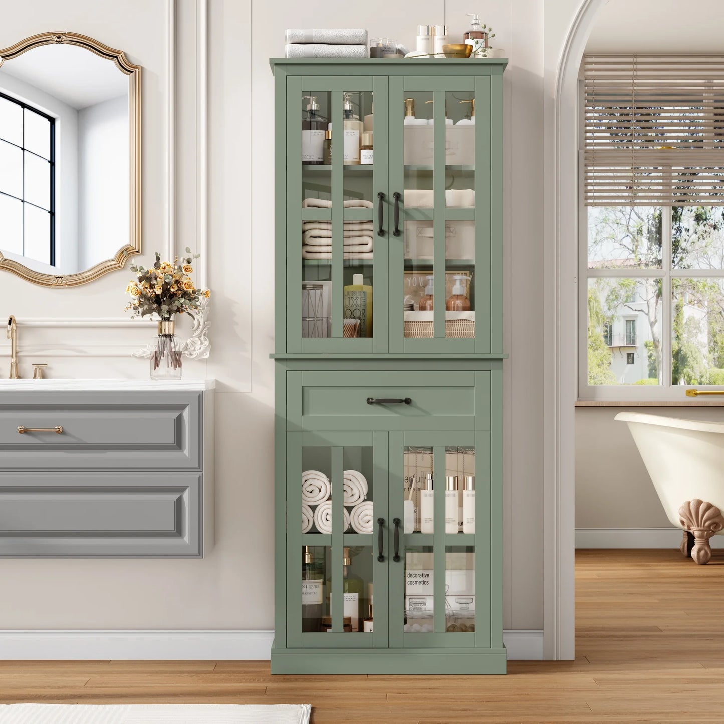 Homfa 71" Tall Bathroom Cabinet with Glass Doors, Freestanding Linen Cabinet with Drawer & Adjustable Shelves, Blue