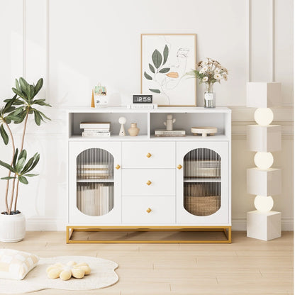 Homfa 47.2'' Sideboard Storage Cabinet, 3 Drawers Buffet Cabinet with Glass Doors for Kitchen Dining Room, White