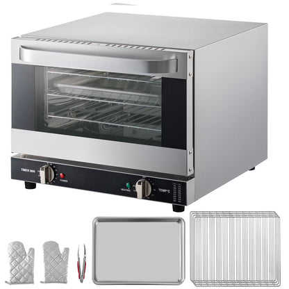 KFFKFF Commercial Convection Oven, 21L/19Qt, Quarter-Size Conventional Oven Countertop, 1440W 3-Tier Toaster w/Front Glass Door, Electric Baking Oven w/Trays Wire Racks Clip Gloves