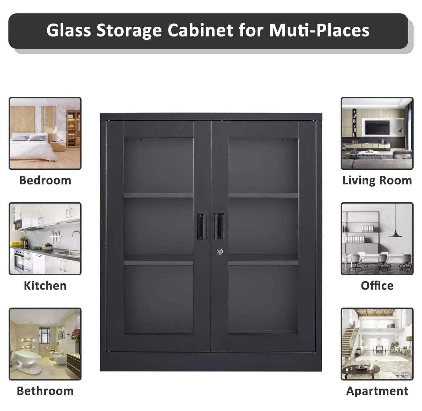 Drevy Metal Storage Cabinet with Doors and Shelves,Glass Cabinet Display Cabinet with Glass Doors,Office Cabinet with Storage Shelves and Double Doors, for Garage and Utility Room, Home Office