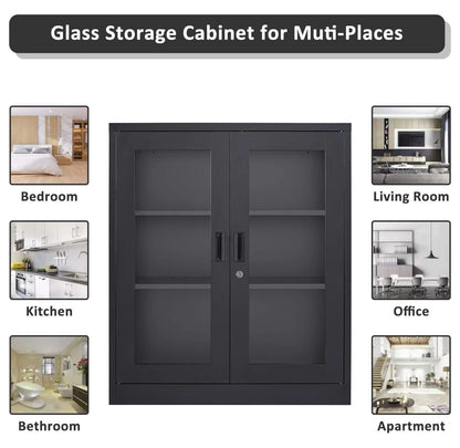 Drevy Metal Storage Cabinet with Doors and Shelves,Glass Cabinet Display Cabinet with Glass Doors,Office Cabinet with Storage Shelves and Double Doors, for Garage and Utility Room, Home Office
