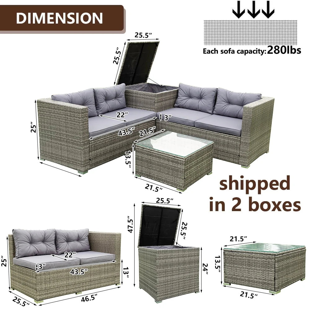 Rattan Patio Sofa Set, 4 Pieces Outdoor Sectional Furniture, All-Weather PE Rattan Wicker Patio Conversation, Cushioned Sofa Set with Glass Table & Storage Box for Patio Garden Poolside Deck