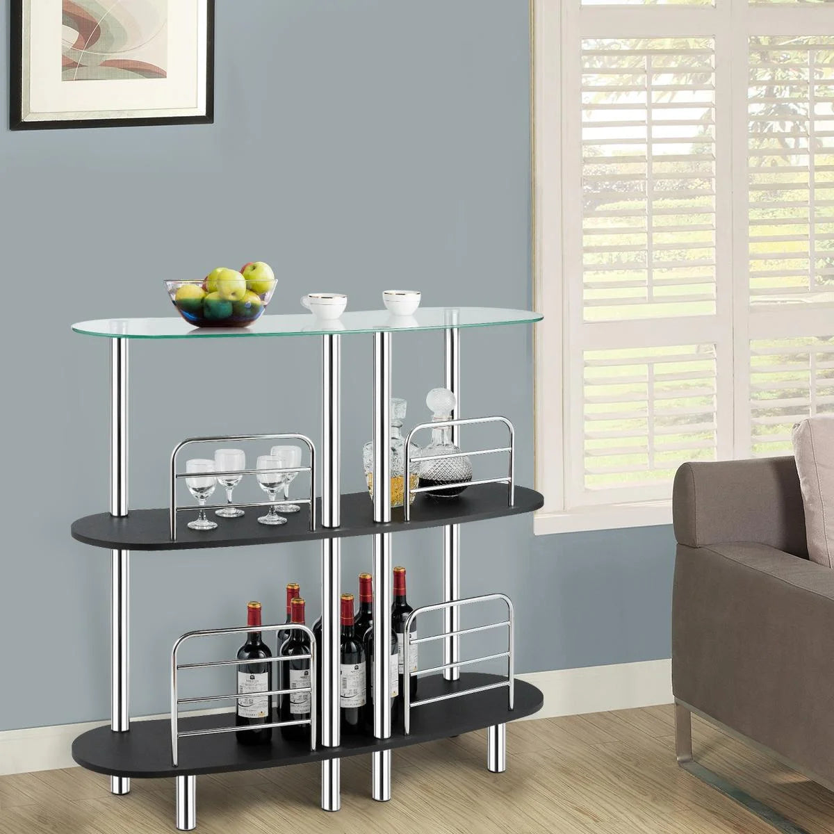 Giantex 3-Tier Glass Liquor Bar Cabinets, Wine Bar Storage with Tempered Glass Counter Top and Metal Frame, Bar Unit with 2 Shelves, Bar Organize Ideal for Home/Kitchen/Bar/Pub