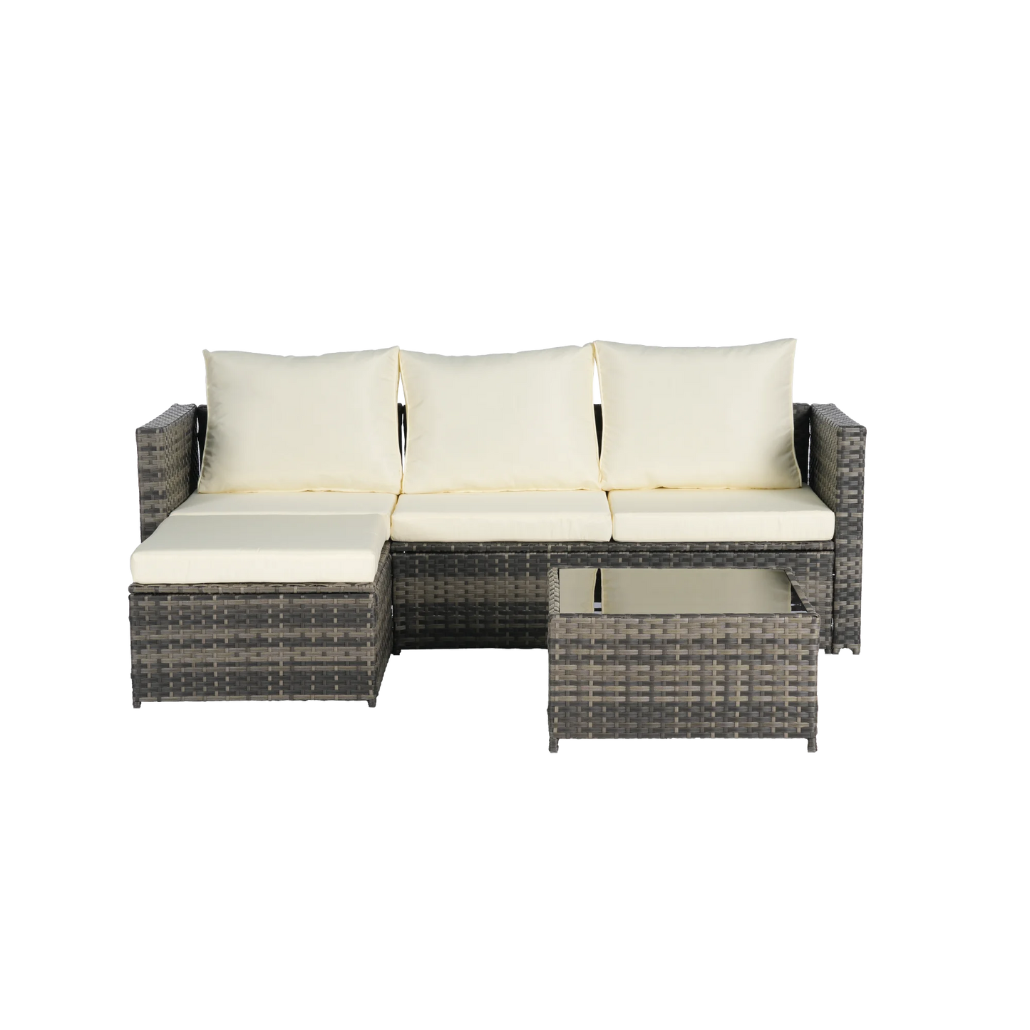 3 Pieces Patio Furniture Set,Outdoor Woven Sectional L- Shaped Sofa with Ottoman,Wicker Conversation Set with Tempered Glass Coffee Table for Backyard Poolside,Beige