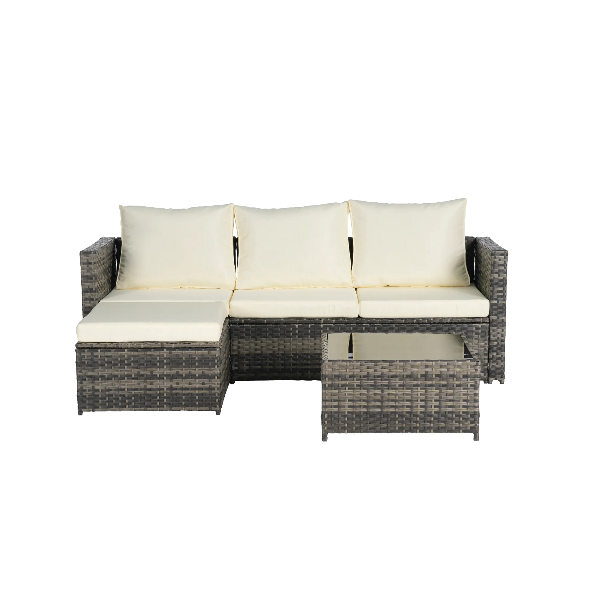 3 Pieces Patio Furniture Set,Outdoor Woven Sectional L- Shaped Sofa with Ottoman,Wicker Conversation Set with Tempered Glass Coffee Table for Backyard Poolside,Beige