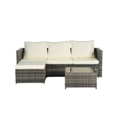 3 Pieces Patio Furniture Set,Outdoor Woven Sectional L- Shaped Sofa with Ottoman,Wicker Conversation Set with Tempered Glass Coffee Table for Backyard Poolside,Beige