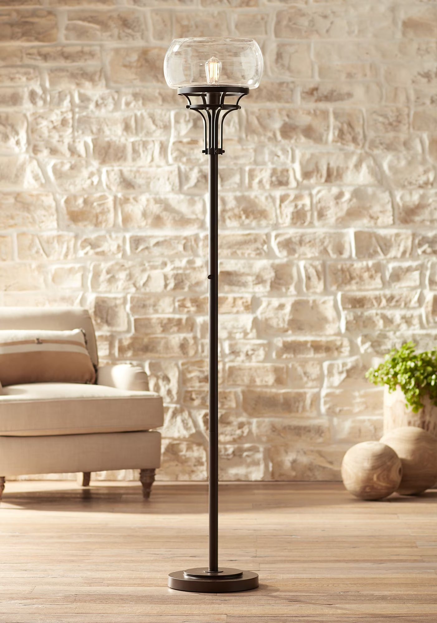 Franklin Iron Works Industrial Torchiere Floor Lamp with USB Charging Port 72 1/2" Tall Oil Rubbed Bronze Glass Shade Living Room