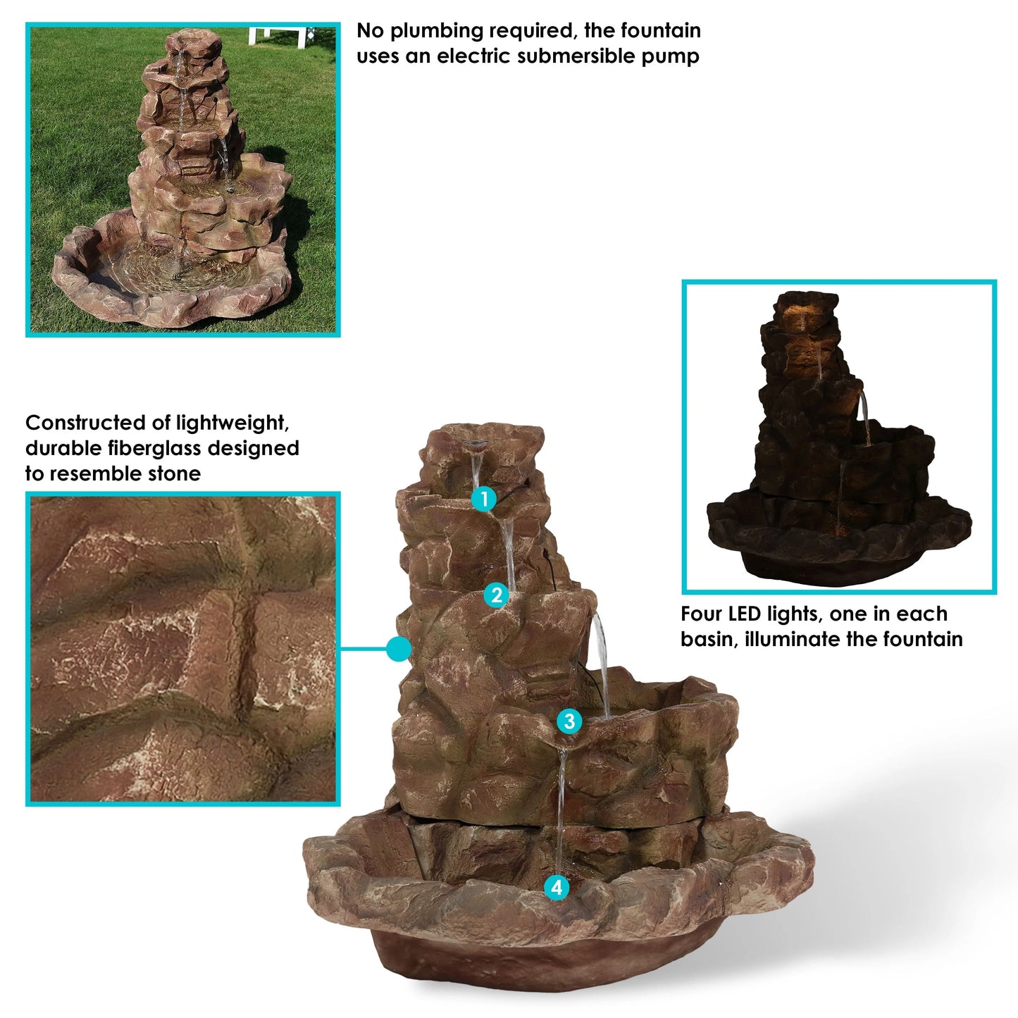 Sunnydaze 41"H Electric Fiberglass Stone Springs Outdoor Water Fountain with LED Lights