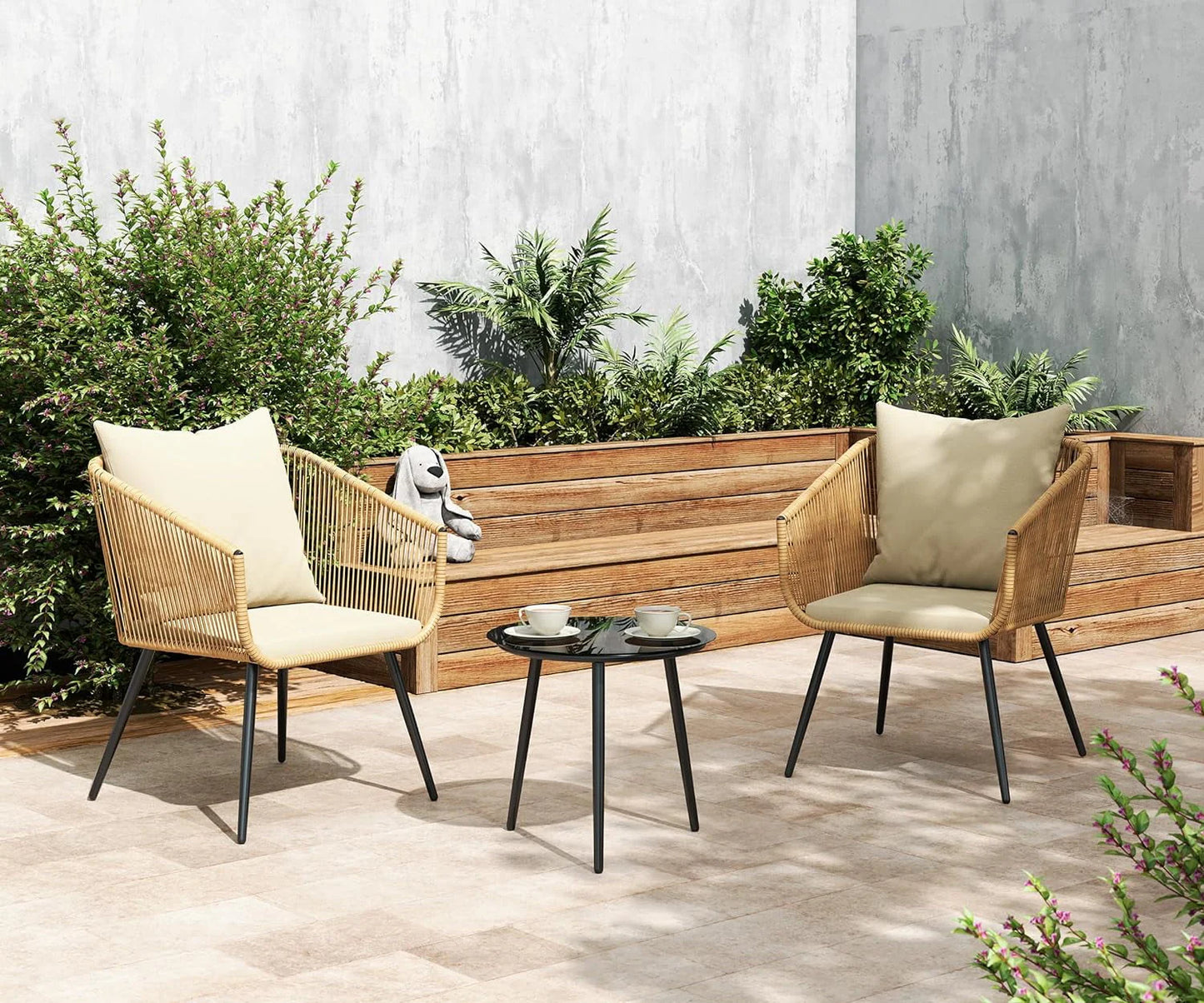 Esmlada 3 Piece Patio Bistro Set, Outdoor All-Weather Conversation Bistro Set w/2 Wide Ergonomic Chairs, Cushions& Glass Top Table for Porch, Backyard, Balcony, Garden (Yellow-Beige)