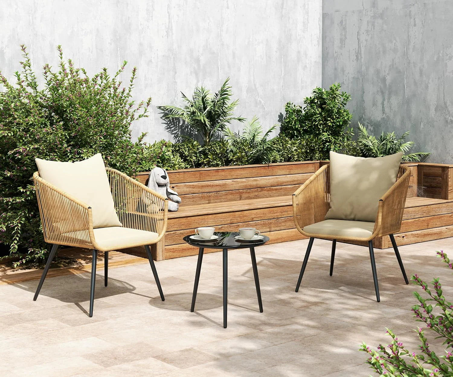 Esmlada 3 Piece Patio Bistro Set, Outdoor All-Weather Conversation Bistro Set w/2 Wide Ergonomic Chairs, Cushions& Glass Top Table for Porch, Backyard, Balcony, Garden (Yellow-Beige)