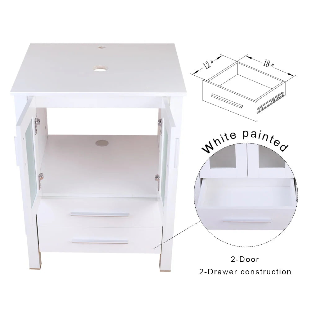 Eclife 24"W x 20"D x 32"H Classical Bathroom Vanity Vessel Sink Set with Faucet, Mirror White Vanity and Ocean Blue Square Glass Sink Pop up Drain Combo