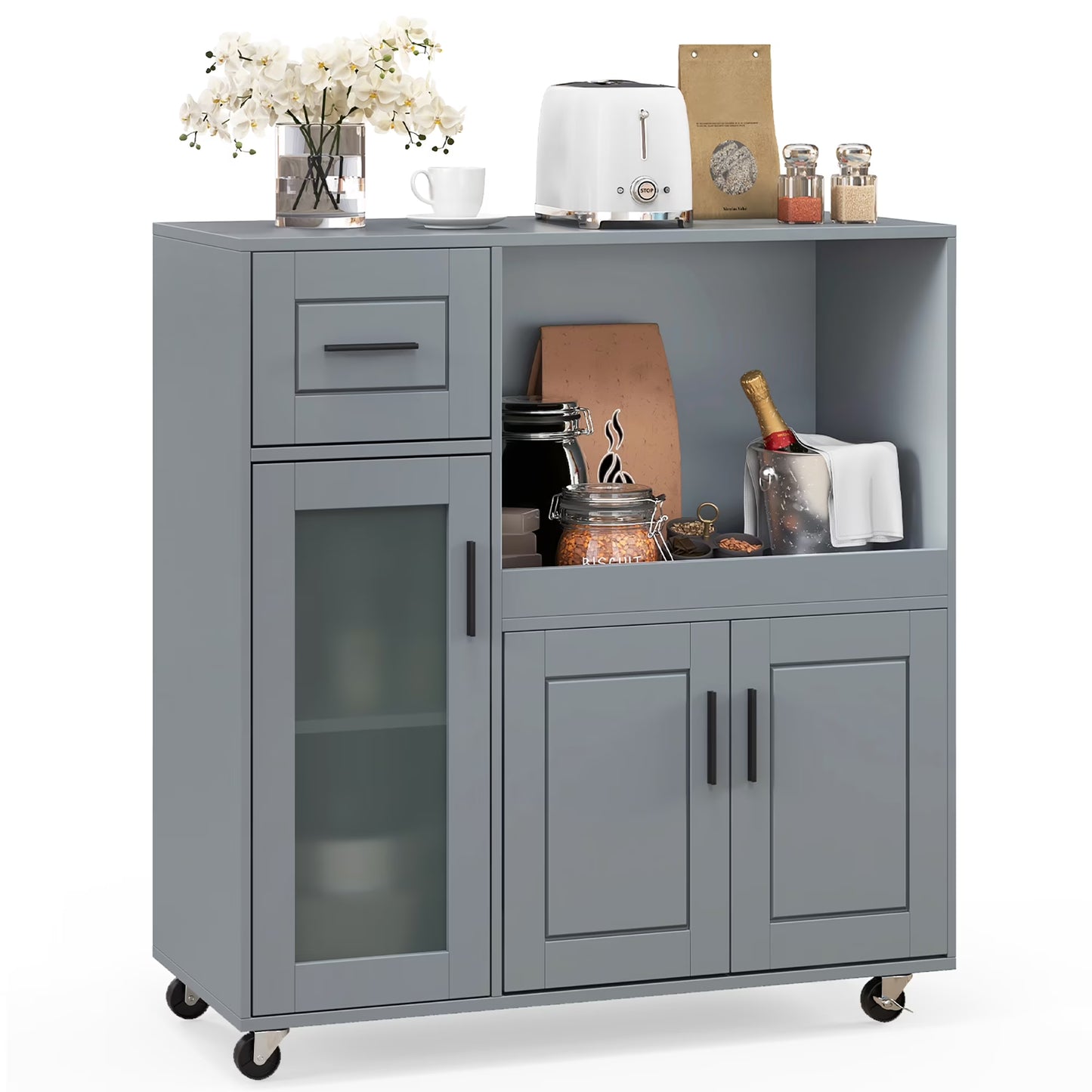 Gymax Kitchen Island Cart on Wheels Microwave Cabinet w/Frosted Tempered Glass Door