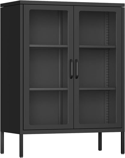 SUNCROWN Metal Storage Cabinet, Curio Display Cabinet with 2 Glass Display Door and 4 Shelves, Side Storage Organize, Modern Bookshelf Cabinet for livingroom, Bedroom, Kitchen, Black