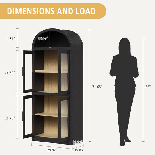 NEILA Arched Bookshelf with Doors - Glass Doors - 15.83 inches deep by 71.4 inches tall rustic ambiance premium wood display cabinet for living room, kitchen and office,Glass Door_Black