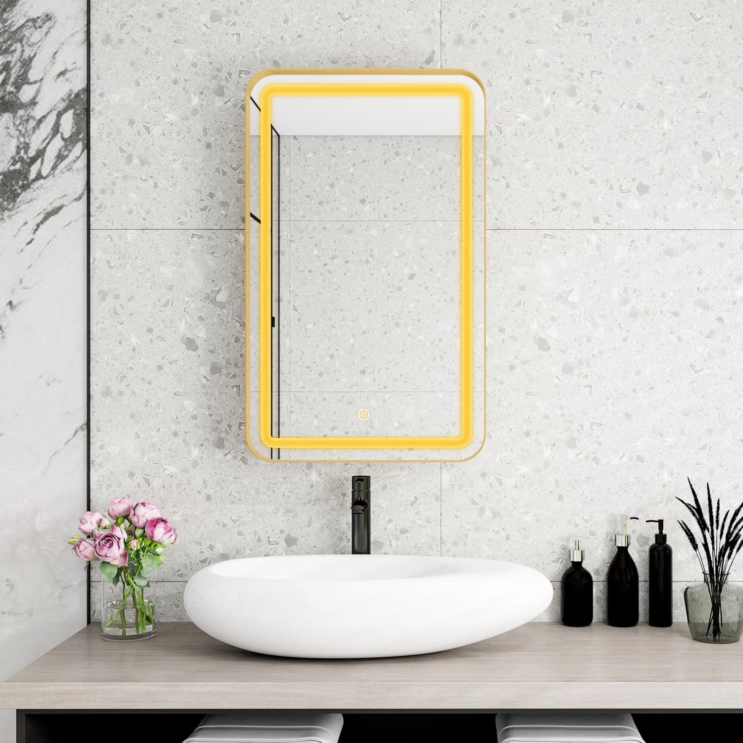 21x34 Inch Gold Medicine Cabinet with LED Mirror, Wall Mounted Bathroom Storage with Adjustable Glass Shelves, Recessed or Surface Mount Design