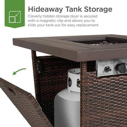 Best Choice Products 28in Propane Gas Fire Pit Table 50,000 BTU Outdoor Wicker w/Glass Beads, Tank Holder Brown