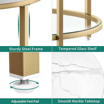 DEXTRUS 2-Tier Round Coffee Table Marble Center Cocktail Table with Glass Open Storage Shelf, White & Gold