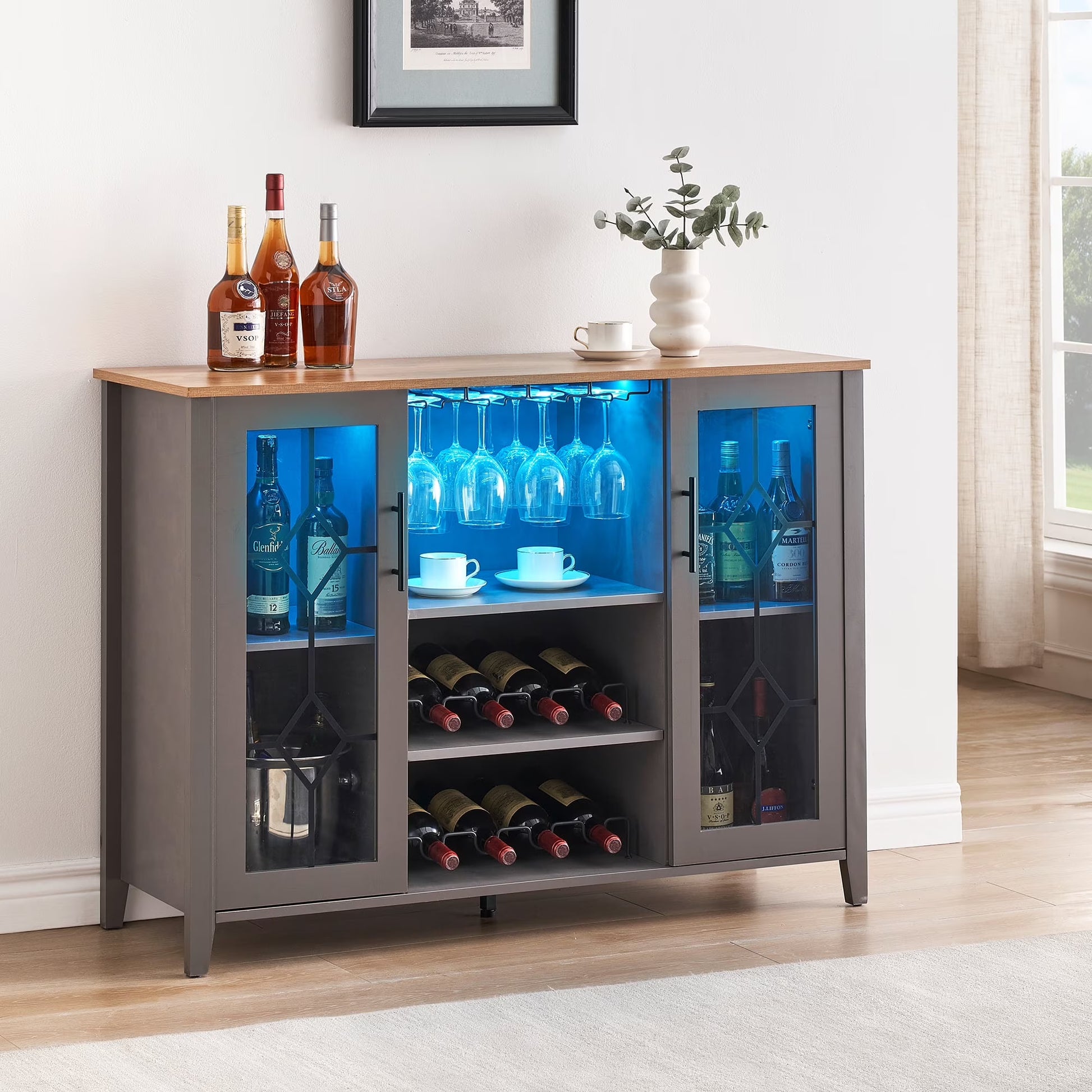 Garvee Farmhouse Wine Bar Cabinet with LED Lights, Coffee Bar Cabinet with Wine and Glasses Rack, Buffet Sideboard with Storage, Liquor Cabinet for Bar, Kitchen, Dining Room, Dark Oak
