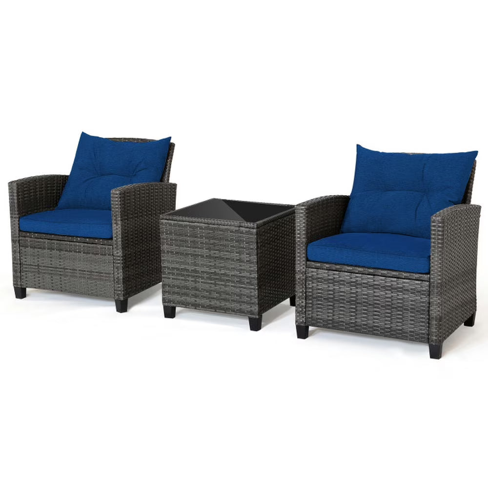 Kadyn Outdoor Seating Sets,Garden Conversation Sets,3 Pieces Outdoor Wicker Conversation Set with Tempered Glass Tabletop-Navy