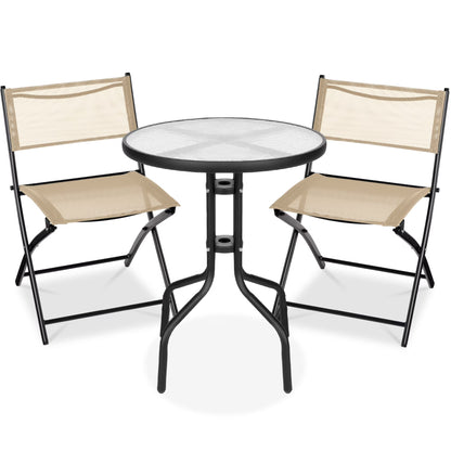 Best Choice Products 3-Piece Patio Bistro Dining Furniture Set w/Glass Tabletop, Folding Chairs - Gray