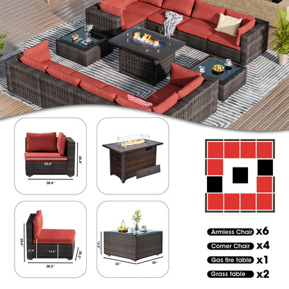 TANGJEAMER 13 Pieces All-Weather PE Rattan Sectional Sofa with Cushions,Glass Table and Fire Pit Table for Party and Family Gathering(Grey cushions)